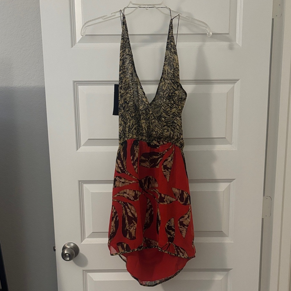 VIX PAULA HERMANNY red & Tan tropical mini dress 100% silk SZ M resort wear NWT